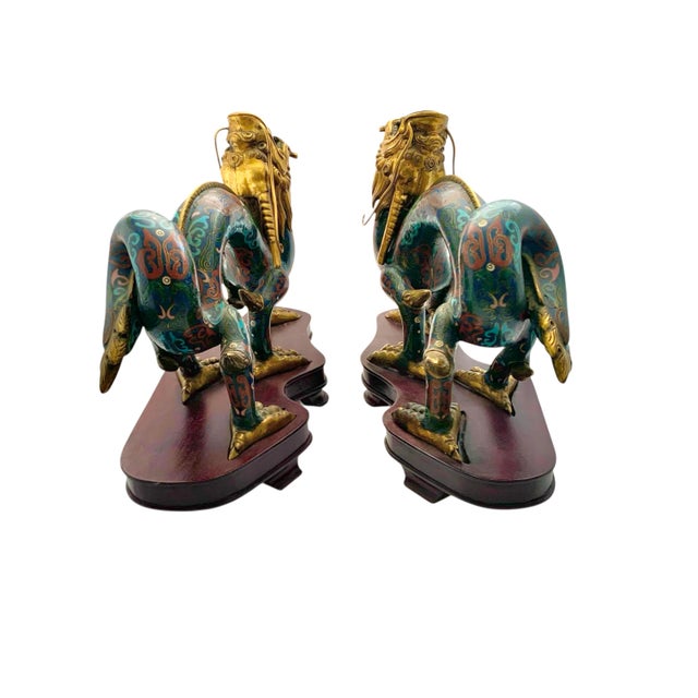 Late 20th Century Late 20th Century Chinese Dragon Statue Pair Cloisonné Enamel on Wood Base Old Oriental Decor For Sale - Image 5 of 9