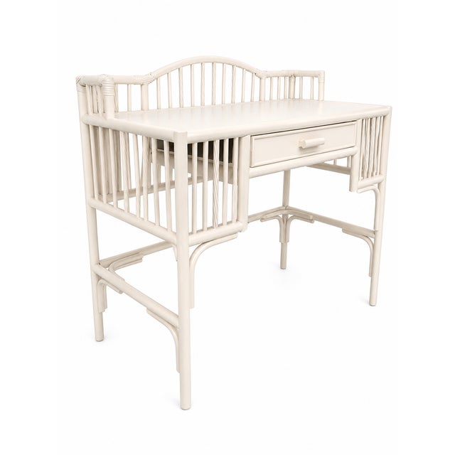 Mid 20th Century Vintage Chinoiserie Rattan Writing Desk in Benjamin Moore Cloud White For Sale - Image 5 of 8