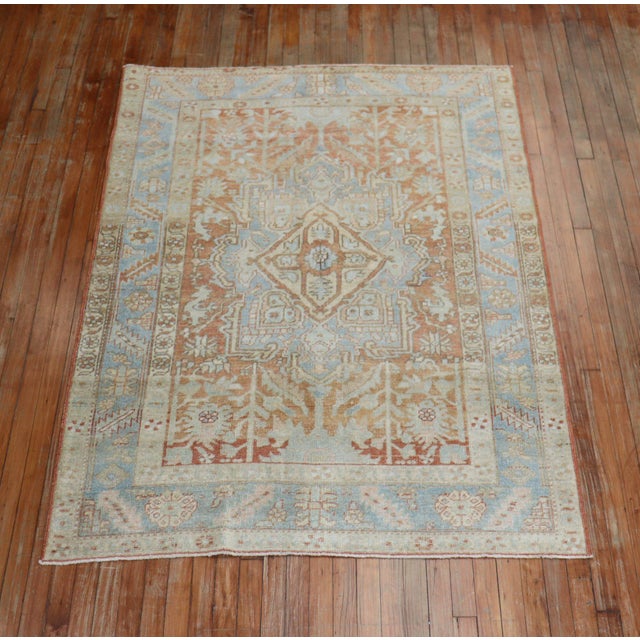 Rustic Early 20th Century Zabihi Collection Apricot Soft Blue Persian Heriz Rug - 4'6" x 6'3" For Sale - Image 3 of 10