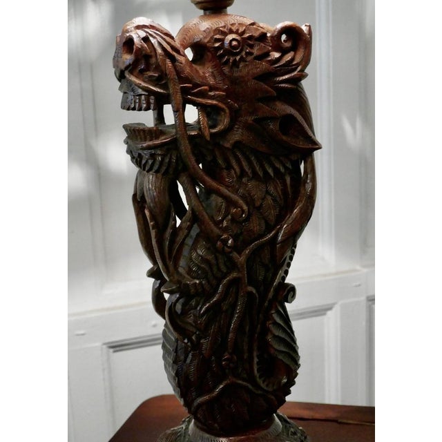 Oriental Folk Art Carved Teak Dragon Lamp, 1930s For Sale - Image 11 of 12