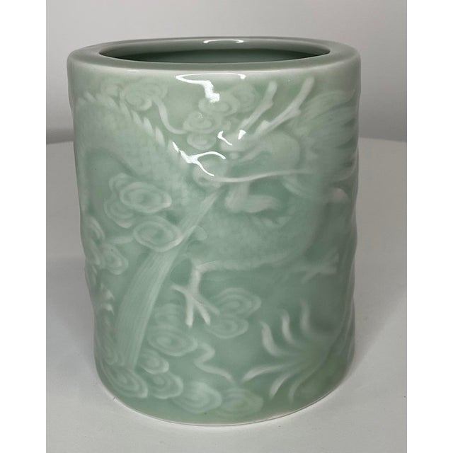 Chinoiserie Mid 20th Century Celadon Dragon Brush Pot For Sale - Image 3 of 10