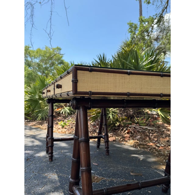 Williams Sonoma Home Faux Bamboo & Raffia Desk With Glass Top – Coastal Regency Writing Table For Sale - Image 4 of 9