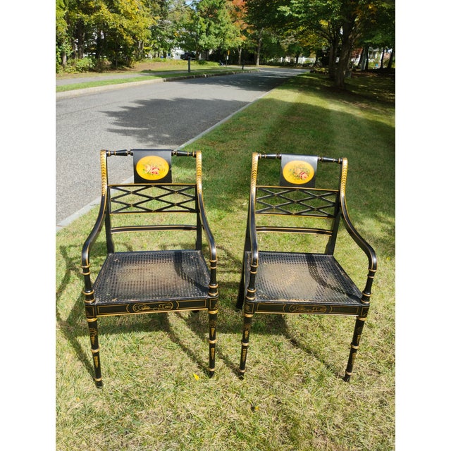 Early 19th Century Pair of Regency Style Painted Black Chinoiserie Lacquer Chairs For Sale - Image 4 of 12