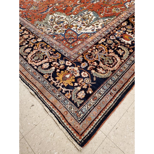 Antique Farahan Sarouk Rug, Handmade Oriental Rug, Rusty Red Navy Blue Very Fine For Sale - Image 9 of 18