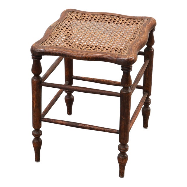 Antique French Wooden Stool with Cane Seat, 19th Century For Sale