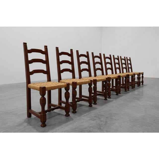 Brown Mid-Century Brutalist Chairs in Wood and Wicker, Belgium, 1970s, Set of 8 For Sale - Image 8 of 17