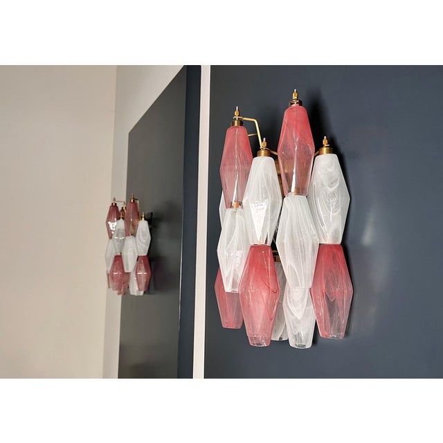 Mid-Century Modern Vintage Murano Italian Poliedri White and Pink Albaster Wall Sconces, 1990, Set of 2 For Sale - Image 3 of 14