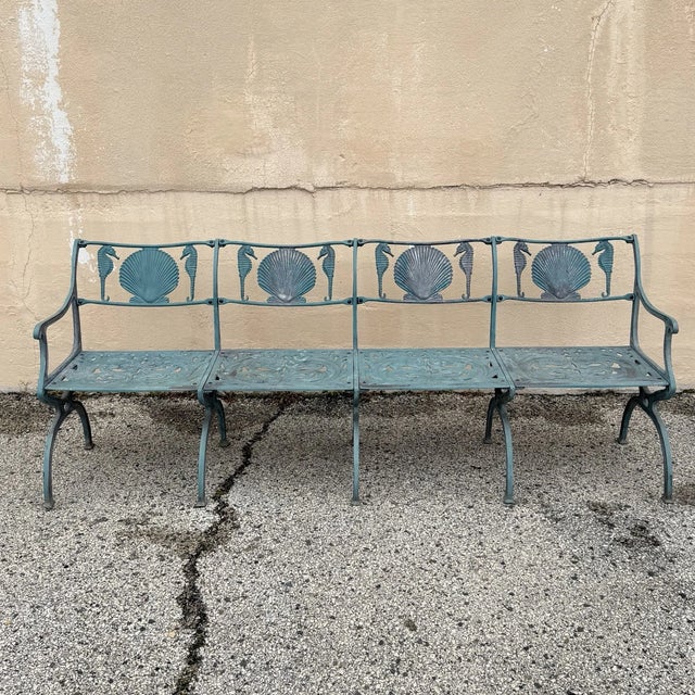 Vintage Cast Aluminum Seahorse and Seashell "Breakers" 4 Seat Outdoor Patio Bench attributed to Molla after The Breakers...