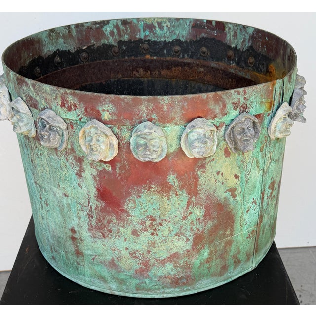 Gothic Pair Gothic Revival Verdigris Copper Planters Applied Medieval Heads, circa 1900 For Sale - Image 3 of 18