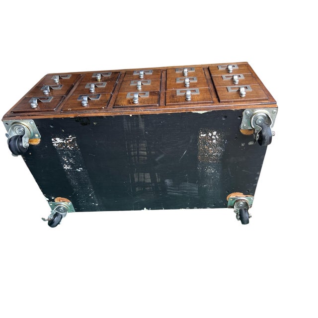 Vintage Wooden Library Card Catalog Cabinet With 15 Drawers on Casters For Sale - Image 13 of 18