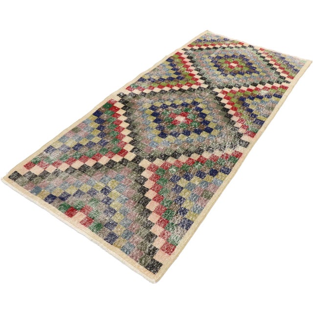 distressed vintage Turkish Sivas rug with rustic Mid-Century Modern Cubist style. This hand knotted wool distressed...