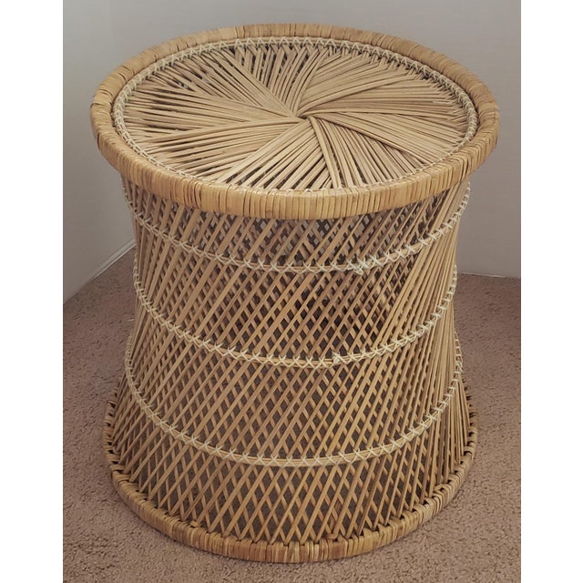 Mid-Century Modern Exceptional Mid-Century Modern Wicker & Rattan Side Table — 22" Floating Glass Top For Sale - Image 3 of 6