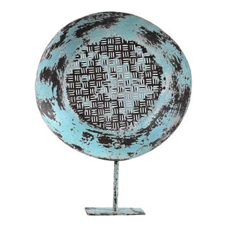 1970s Industrial Metal Sieve Tabletop Sculpture | Rustic Farmhouse Centerpiece on Stand | Distressed Blue Gray Kitchen Tool Home Decor For Sale