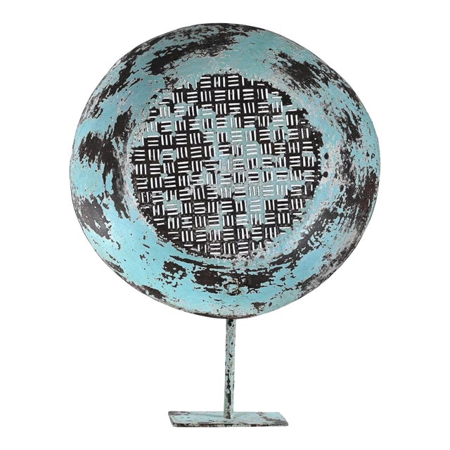 1970s Industrial Metal Sieve Tabletop Sculpture | Rustic Farmhouse Centerpiece on Stand | Distressed Blue Gray Kitchen Tool Home Decor For Sale