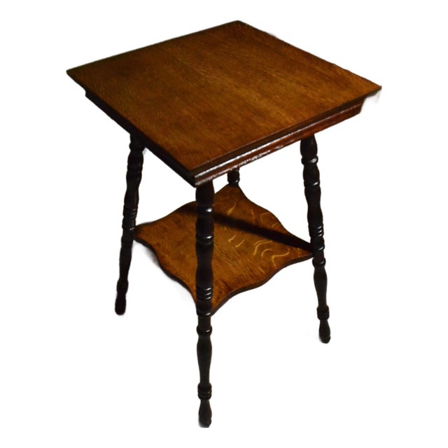 Antique Conrey Birely Tiger Oak Vic Parlor Table Spool Legs Side End Stand 1890s For Sale