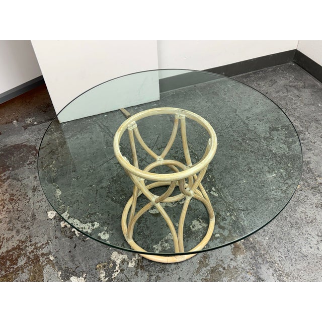 McGuire McGuire Furniture Round Rattan Glass Dining Table, Vintage For Sale - Image 4 of 12