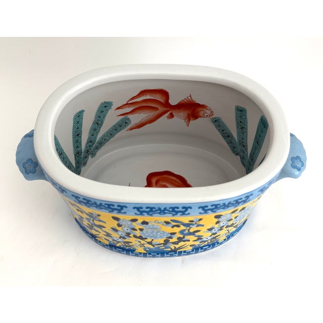 Chinoiserie Vintage Yellow & Blue Chinoiserie Porcelain Footbath Planter W/ Koi Fish For Sale - Image 3 of 12