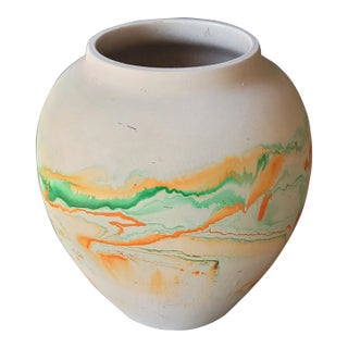 1970s Nemadji Multi Color Swirl Clay Pottery Vase 8" Tall For Sale