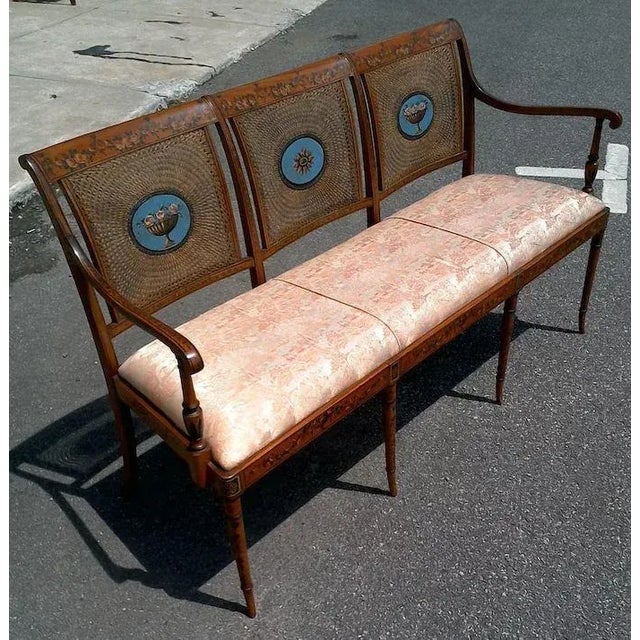 Edwardian Satinwood Painted Cane Back Open Arm Settee For Sale - Image 4 of 11