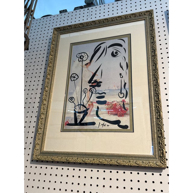 Fantastic original Painting by Peter Robert Keil. This piece depicts a cubist profile with flowers over a print of a...