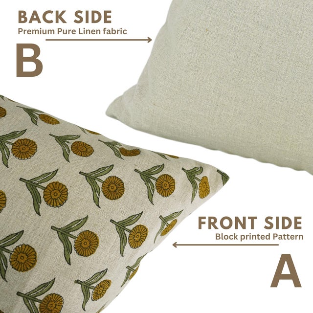 Fabdivine Handmade Block Print Pure Linen Lumber Pillow Covers 14x20inches-Ganda Pushpa Floral Design For Sale - Image 4 of 9