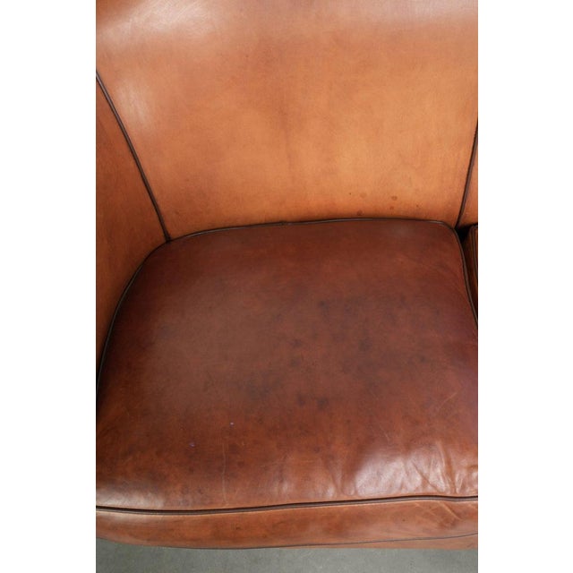 Sheepskin 2-Seater Sofa with Warm Cognac Brown Color Scheme and Finish with Black Piping For Sale - Image 5 of 15