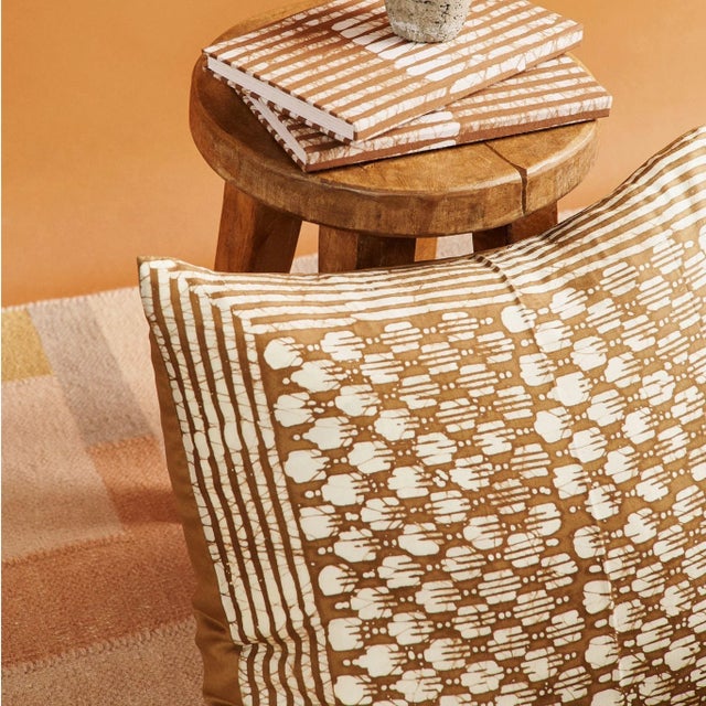 Contemporary Hand-Dyed Oasis Gold Silk Pillow in Classic Wax Block Print For Sale - Image 3 of 9