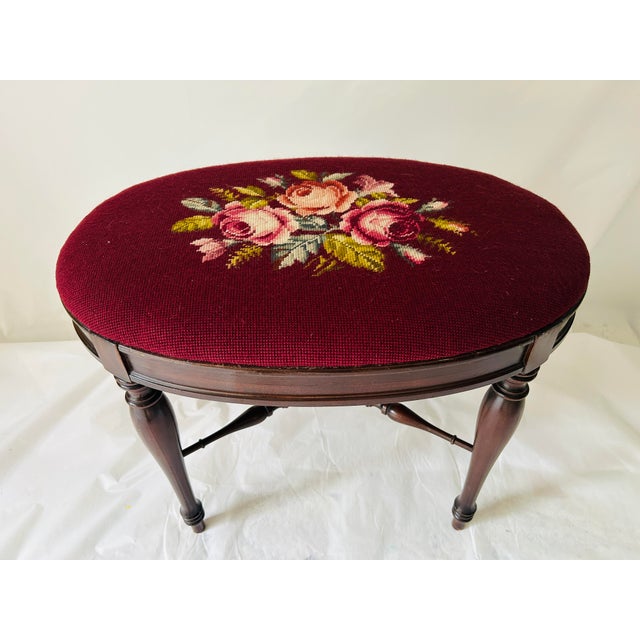 Wood Vintage Oval Mahogany Wood With Handmade Needlepoint Bench /Stool For Sale - Image 7 of 7