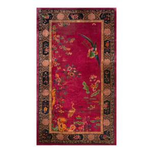 Classic Red-Raspebery Background With Black Border Antique Chinese Art Deco Rug