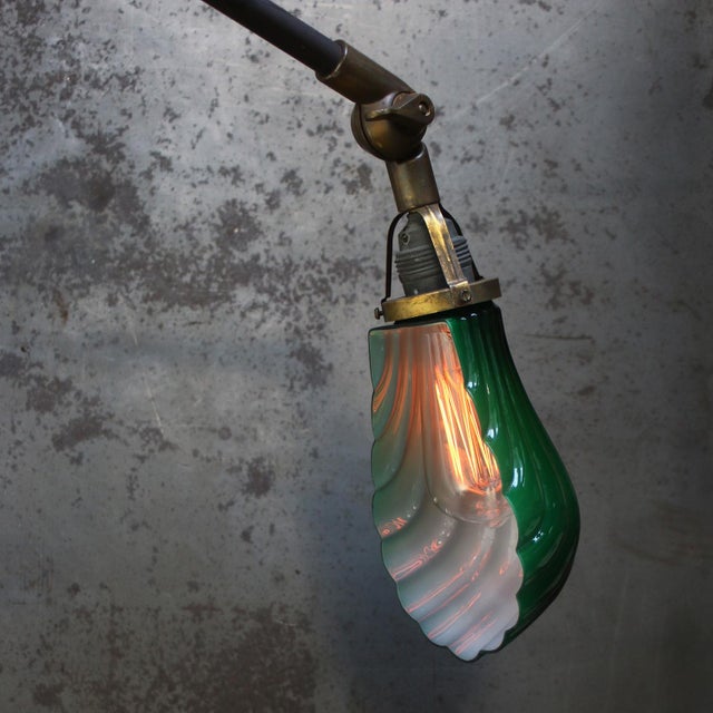 Vintage French 3-Arm Metal and Brass Wall Light with Green Glass Shell Shade For Sale - Image 4 of 7