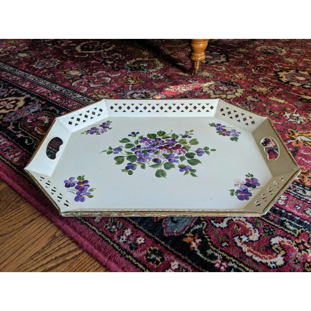 Mid 20th Century Vintage Hand Painted Botanical White Tole Tray With Handles For Sale - Image 5 of 13
