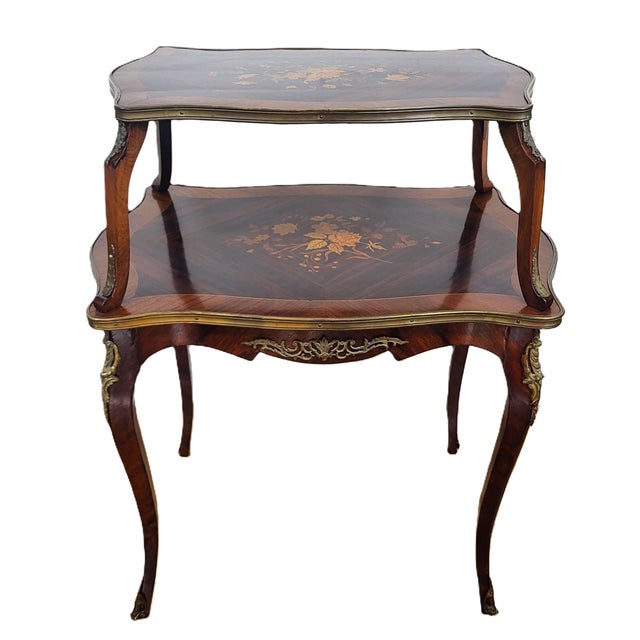 Antique French Louis XV Floral Inlay Rosewood & Bronze Double Tier Dessert Table For Sale - Image 4 of 15