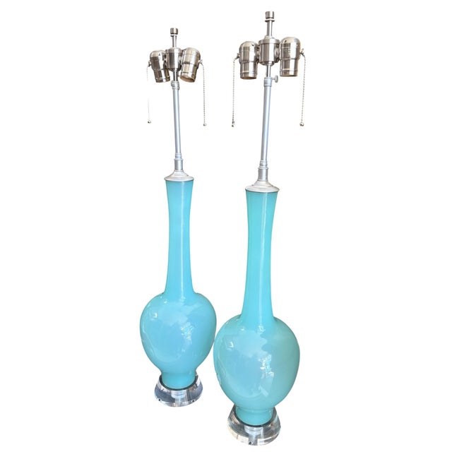 Mid-Century Modern Pair of Mid Century Modern Teal Blue Murano Glass Table Lamps For Sale - Image 3 of 4