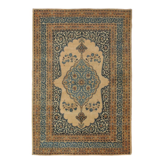 Antique Tabriz Carpet, Hadji Jalili Persian Rug, Earth Tones, Ivory and Blue For Sale