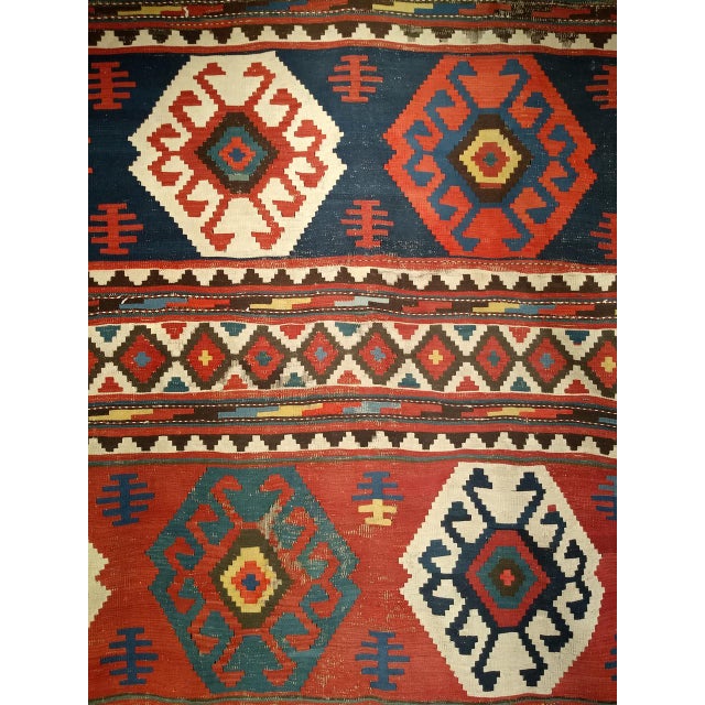 19th Century Caucasian Kazak Kilim, Geometric Pattern, Wool Flatweave, Blue & Green, 7' X 12' For Sale - Image 18 of 18
