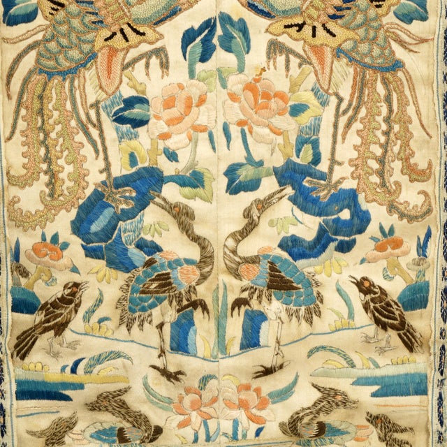 Late 19th Century Framed Antique Chinese Silk Embroidered Robe Sleeves Floral and Birds For Sale - Image 5 of 9