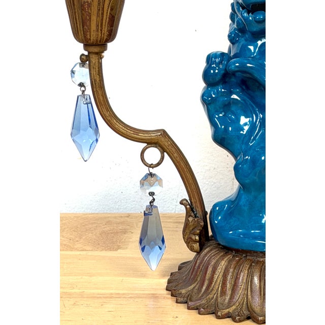 Blue Early 20th Century French Belle Époque Chinoiserie Foo Dog Candelabra Lamp, Turquoise Flambé For Sale - Image 8 of 11