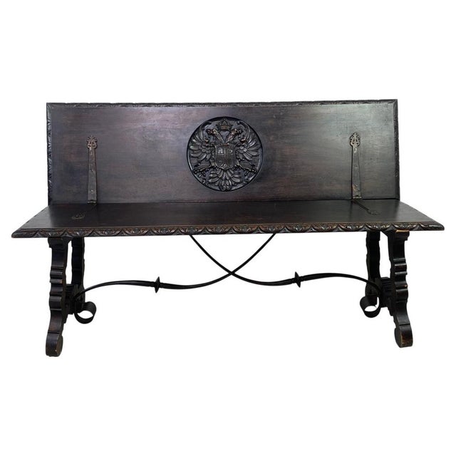 Spanish Renaissance Carved Chestnut and Iron Bench, 19th Century For Sale - Image 12 of 12