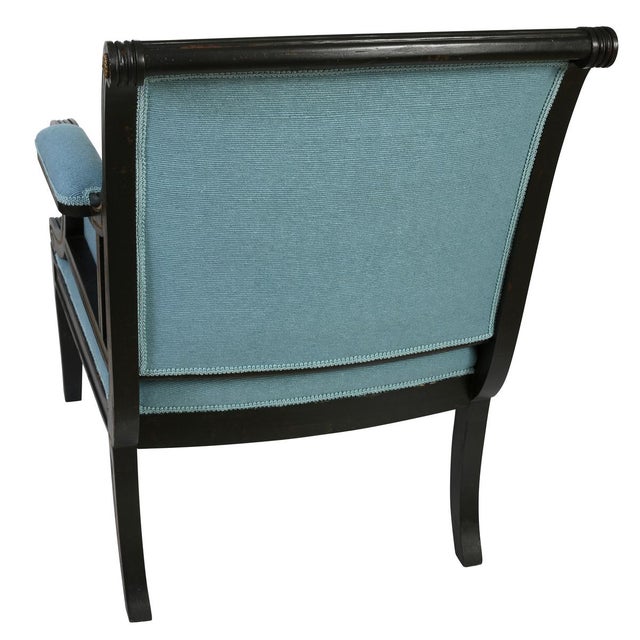 Late 20th Century Pair of Julian Chichester Regency Style Ebonized Arm Chairs Upholstered in Raw Blue Silk For Sale - Image 5 of 5