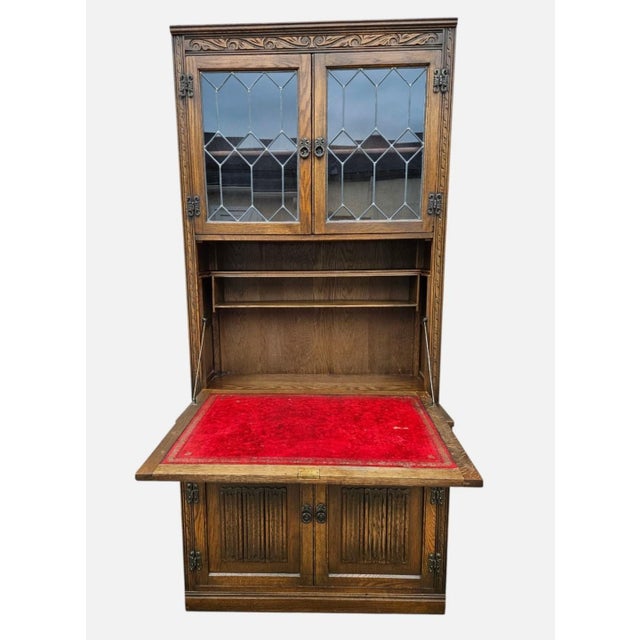 Vintage Oak Wood Bros Desk Cabinet Tudor Hutch Bookshelf Old Charm Leaded Glass For Sale In Philadelphia - Image 6 of 16