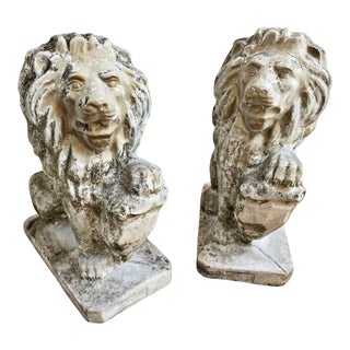 Antique Cast Stone Lion Garden Statues, a Pair For Sale
