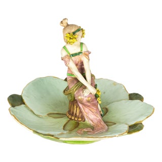 Ernst Wahliss, Art Nouveau Sculpture of Figural Tray with Maiden & Lily Pads, 1890s-1910s, Porcelain For Sale