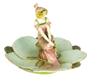 Ernst Wahliss, Art Nouveau Sculpture of Figural Tray with Maiden & Lily Pads, 1890s-1910s, Porcelain