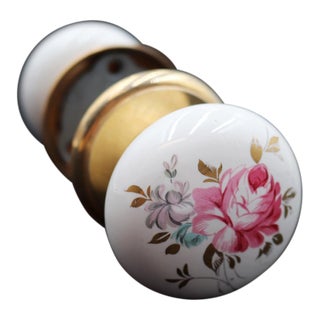 Vintage Colorful Floral Porcelain & Brass Passage Door Knob Set For Sale