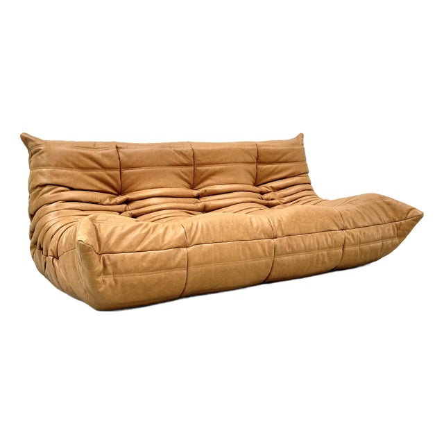 French 3-Seater Togo Sofa in Camel Leather attributed to Michel Ducaroy for Ligne Roset For Sale