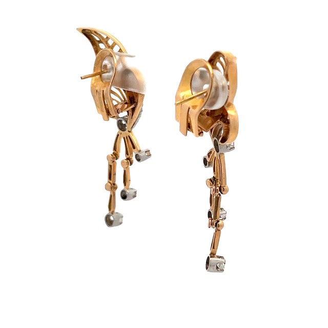 1960s Mid-Century Two-Tone Gold Diamond Leaf Drop Earrings, A Pair For Sale - Image 4 of 11