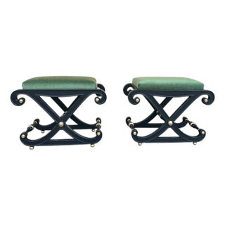 Pair of 1970s Hollywood Regency Benches – Restored Black Lacquer With Olive Mohair & Brass Details For Sale
