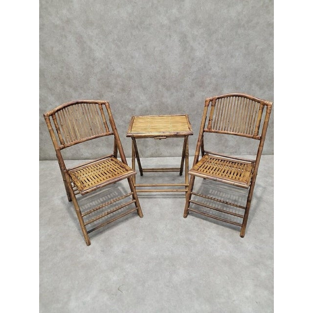 Mid Century Modern British Colonial Style Bamboo Folding Chairs & Folding Bamboo Tables For Sale - Image 4 of 10