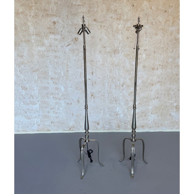 Mid-Century Modern Pair of French Mid-Century Polished Nickel Tripod Floor Lamps For Sale - Image 3 of 14