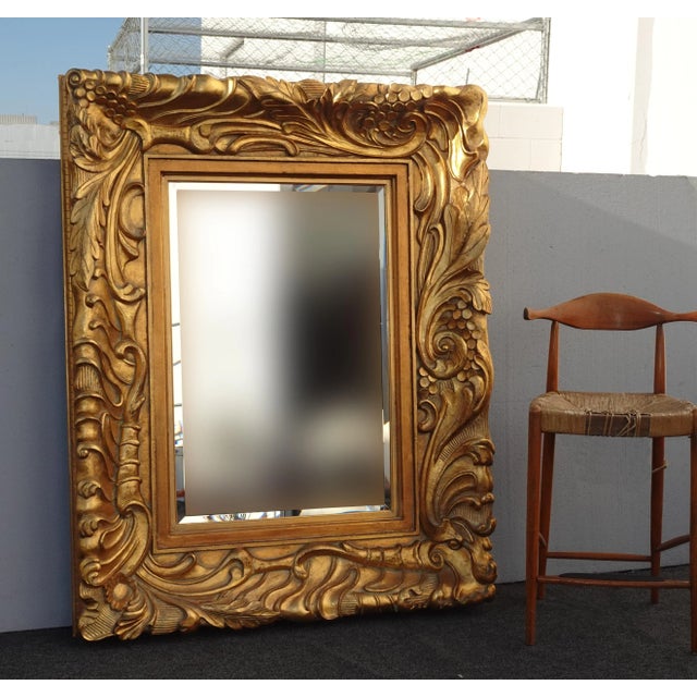 Large 57"Hx45" Vintage Frenchly Carved Gold Wall Mantle Beveled Mirror For Sale - Image 4 of 12
